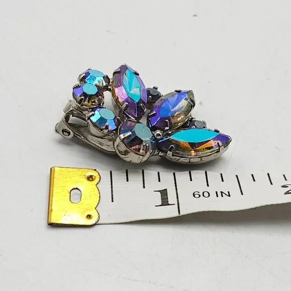 Blue Aurora Borealis Navette Rhinestones Leaf Clip-On Earrings - Picture 4 of 4